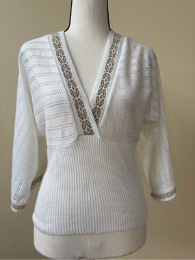 Lola White Knit V-Neck Sweater with Gold Metallic Trim - Size M
